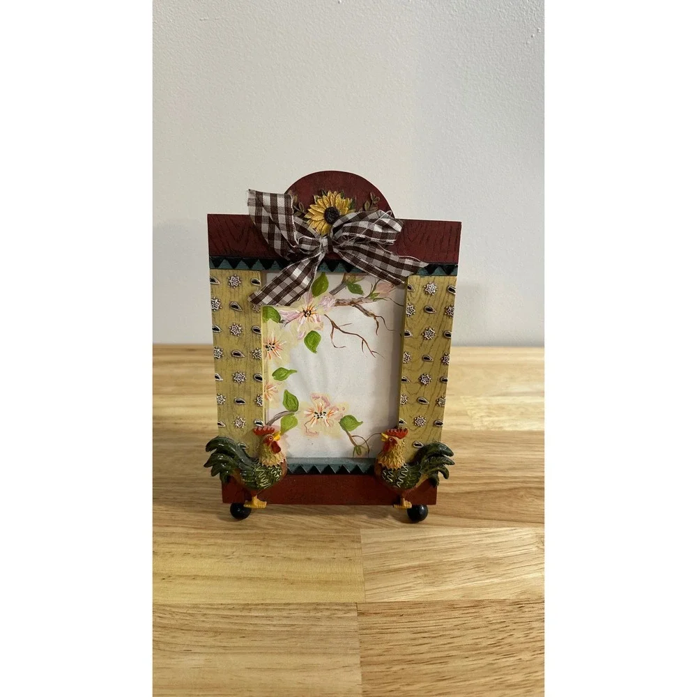 Rustic Farmhouse Rooster Wooden Picture Frame Sunflower Gingham Bow Decor